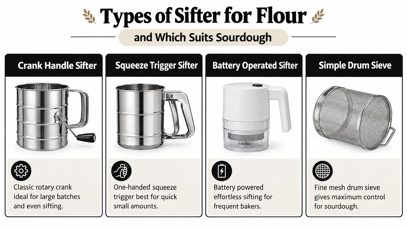 An infographic showing four different types of flour sifters including crank, squeeze, battery-operated, and drum sieve.
