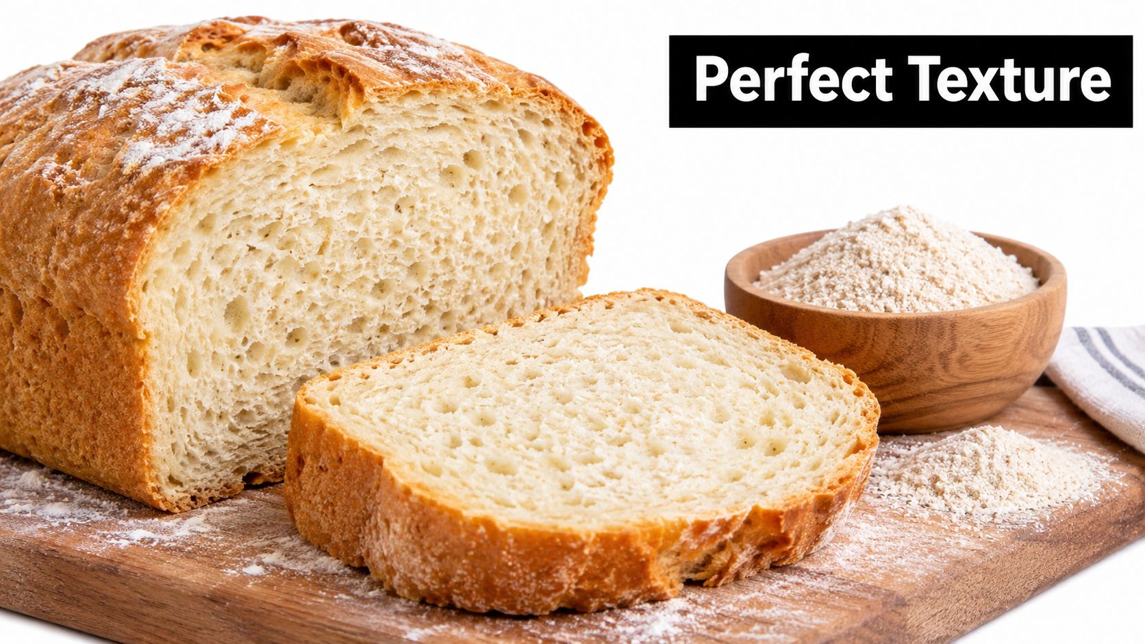 A loaf of gluten-free bread with a slice on a wooden cutting board with psyllium husk powder