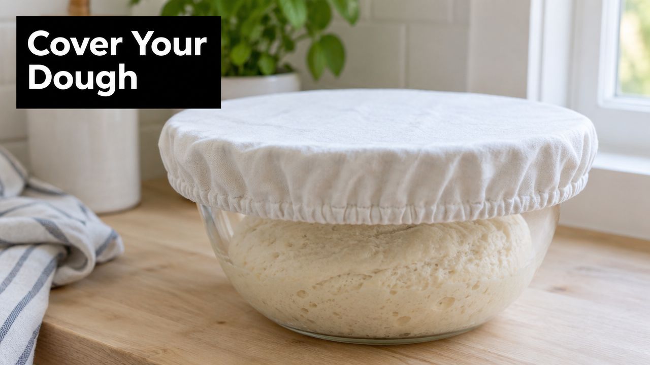 A glass bowl containing rising dough is covered with a reusable white elastic fabric cloth cover.