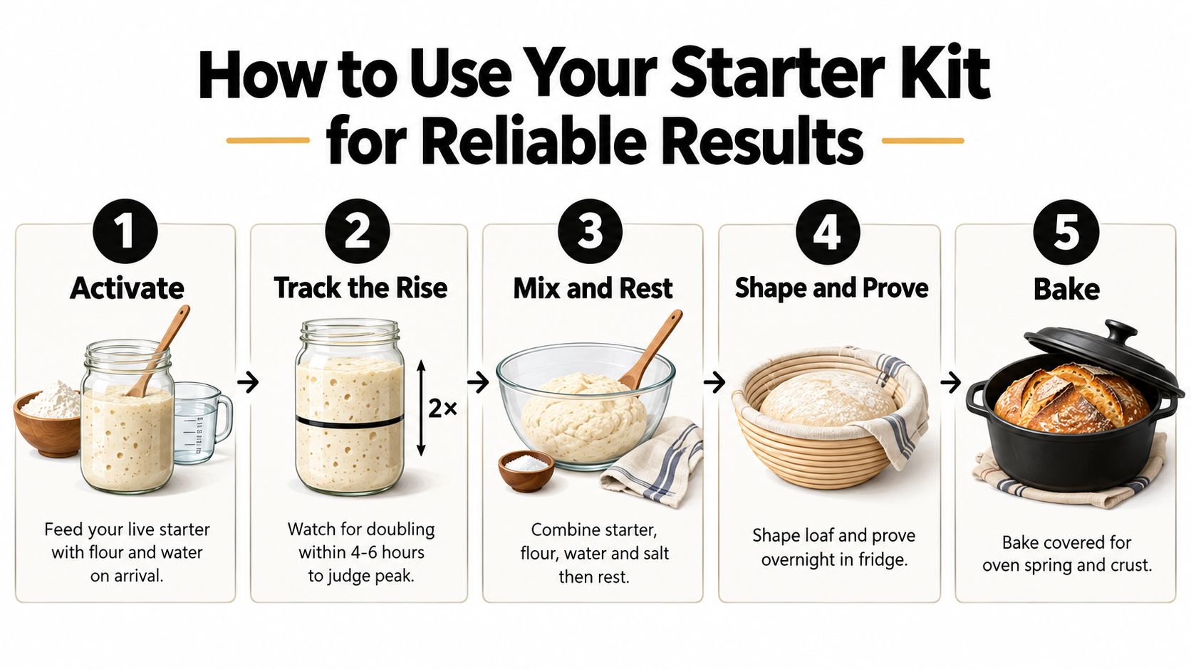 An infographic showing a five-step guide on how to bake bread using a sourdough starter kit.