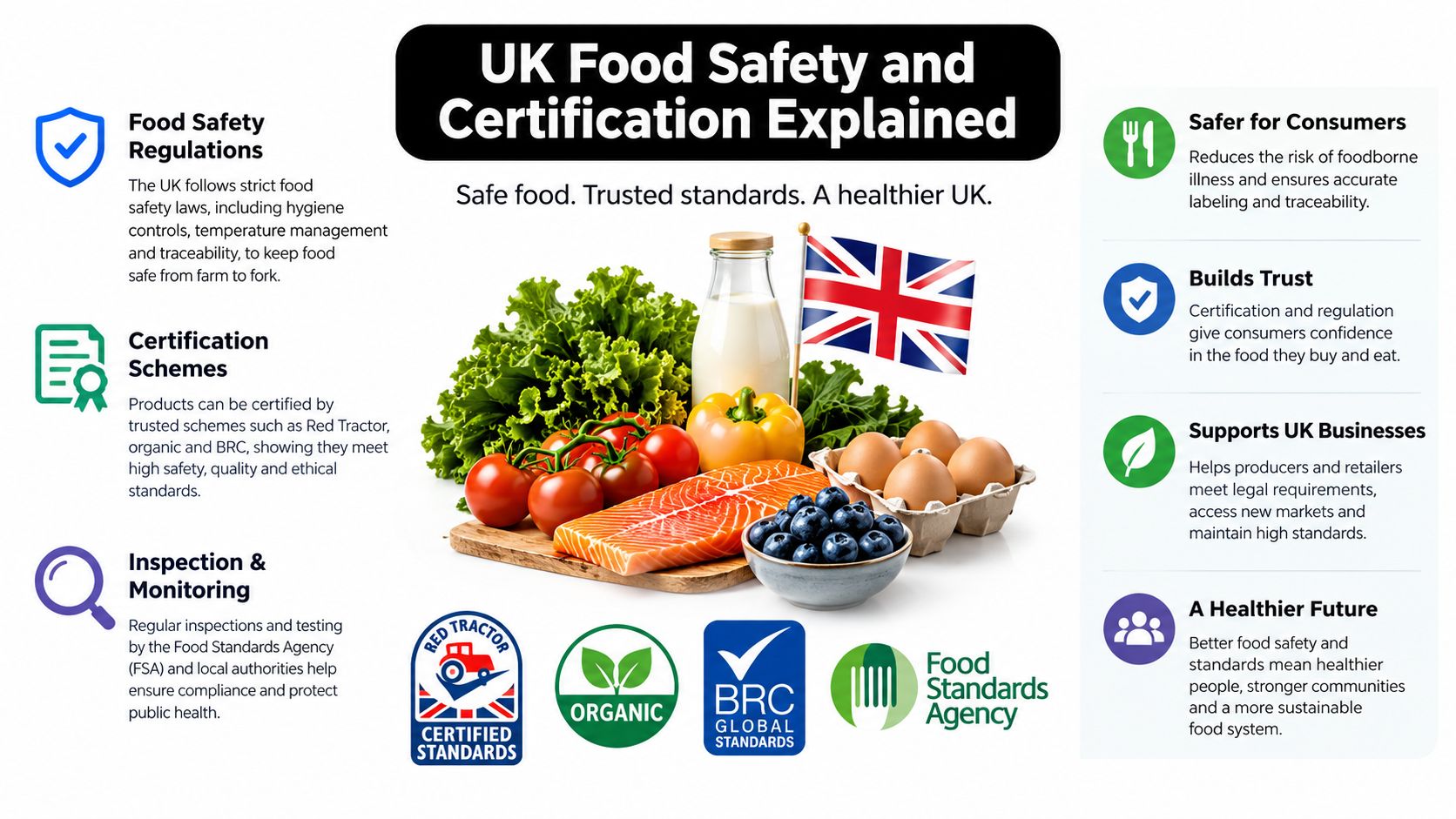 An infographic explaining UK food safety regulations, certification schemes, and benefits for consumers and businesses.