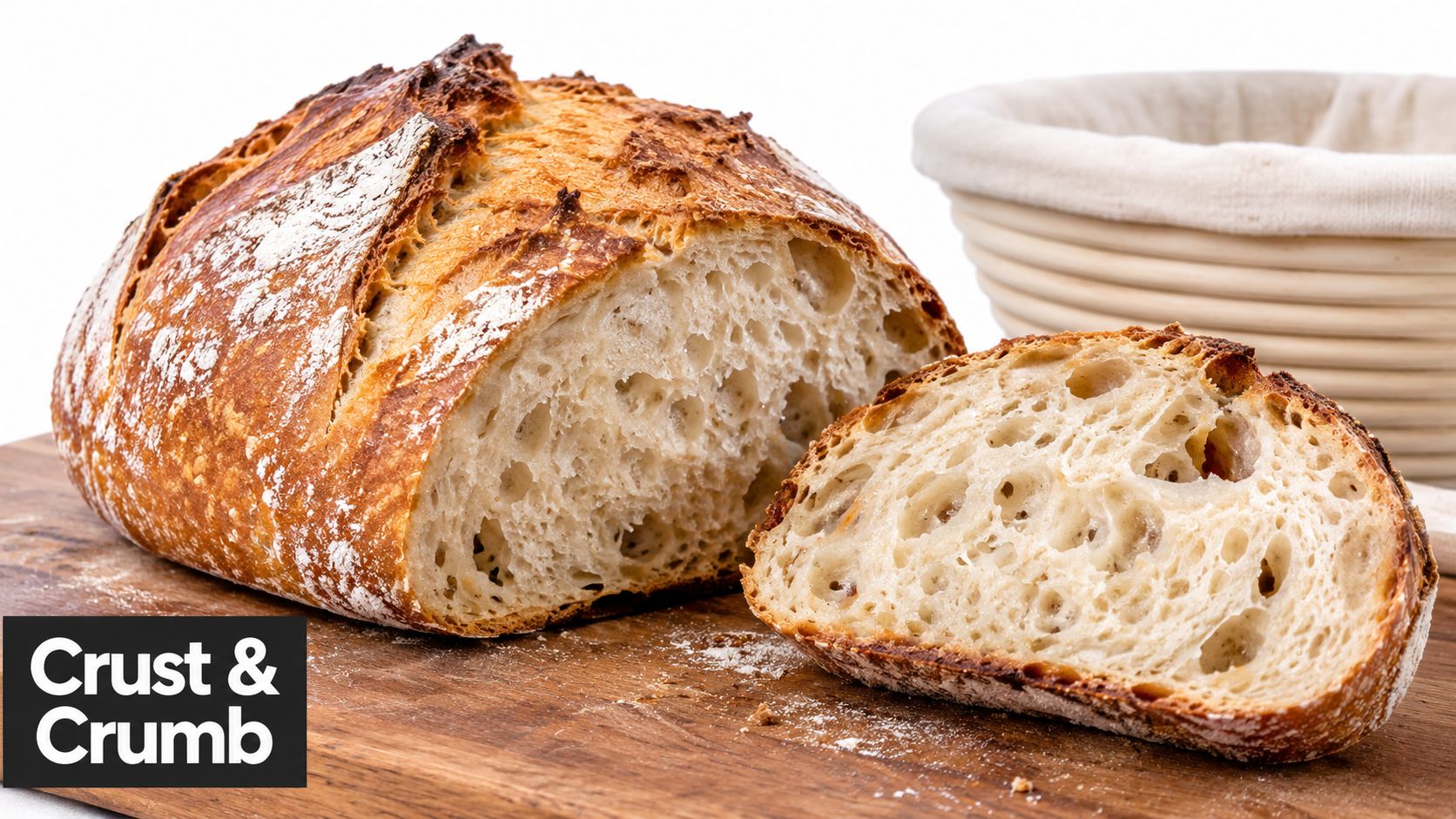 A freshly baked sourdough loaf cut in half next to a cloth-lined bread proving basket on wood.