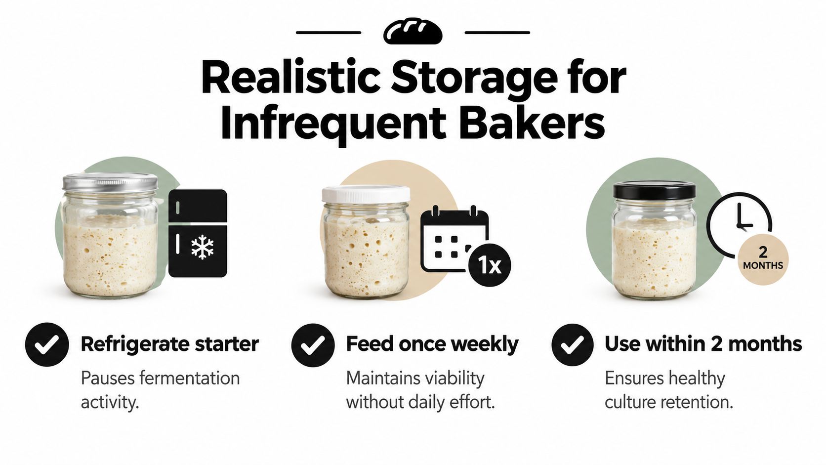 A diagram illustrating simple instructions for storing sourdough starter in the refrigerator for infrequent bakers.