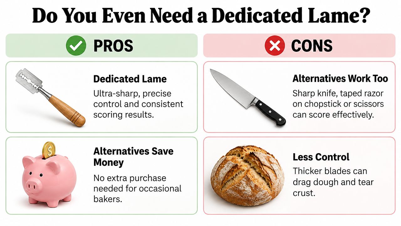 A comparison chart showing the pros and cons of using a dedicated bread lame for scoring dough.