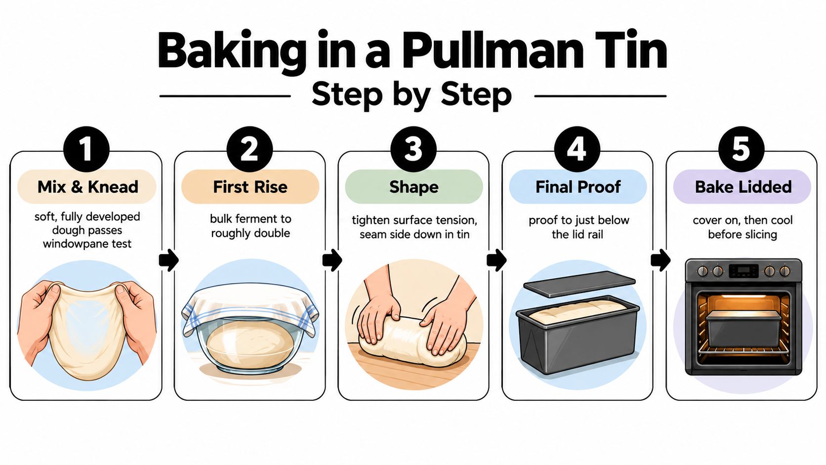 An infographic showing the five step-by-step instructions for baking bread using a Pullman loaf tin.