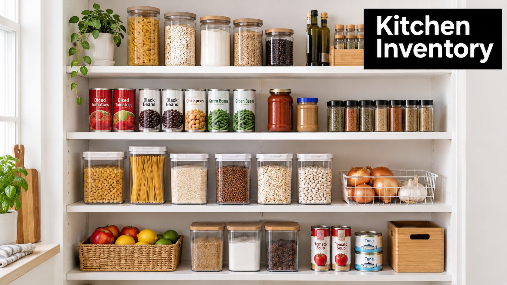 A well-organized pantry shelf filled with glass jars, canned goods, fresh produce, and dry storage containers.