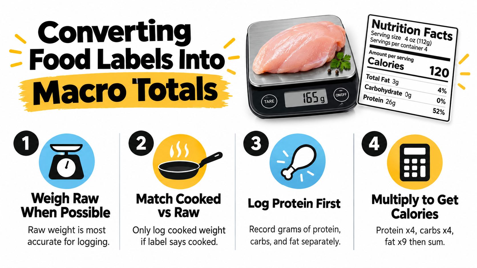 An infographic showing four steps on how to convert food labels into macro totals for accurate tracking.