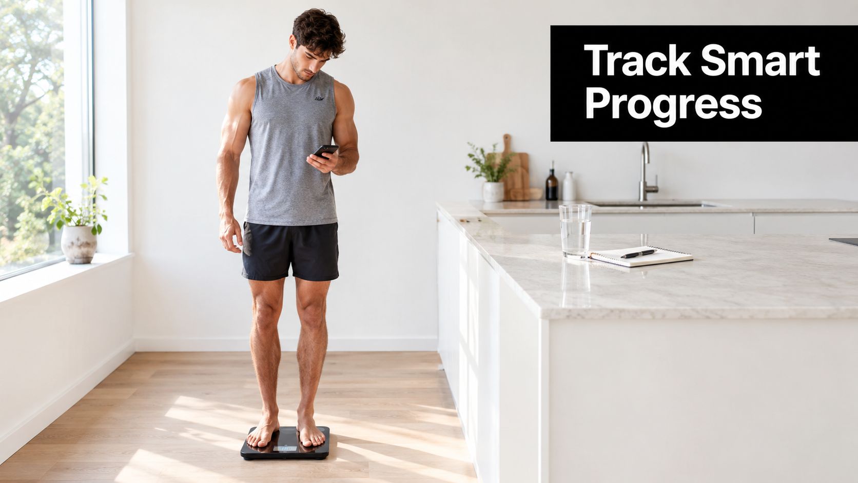 A fit man standing on a digital scale in a modern kitchen while checking his smartphone.
