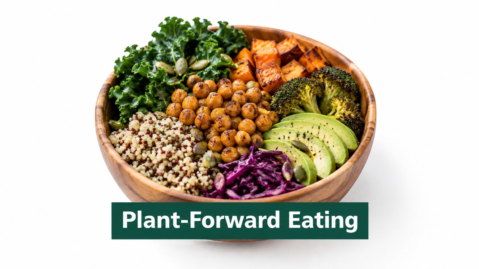A healthy wooden bowl filled with a variety of colorful vegetables, quinoa, chickpeas, and avocado slices.