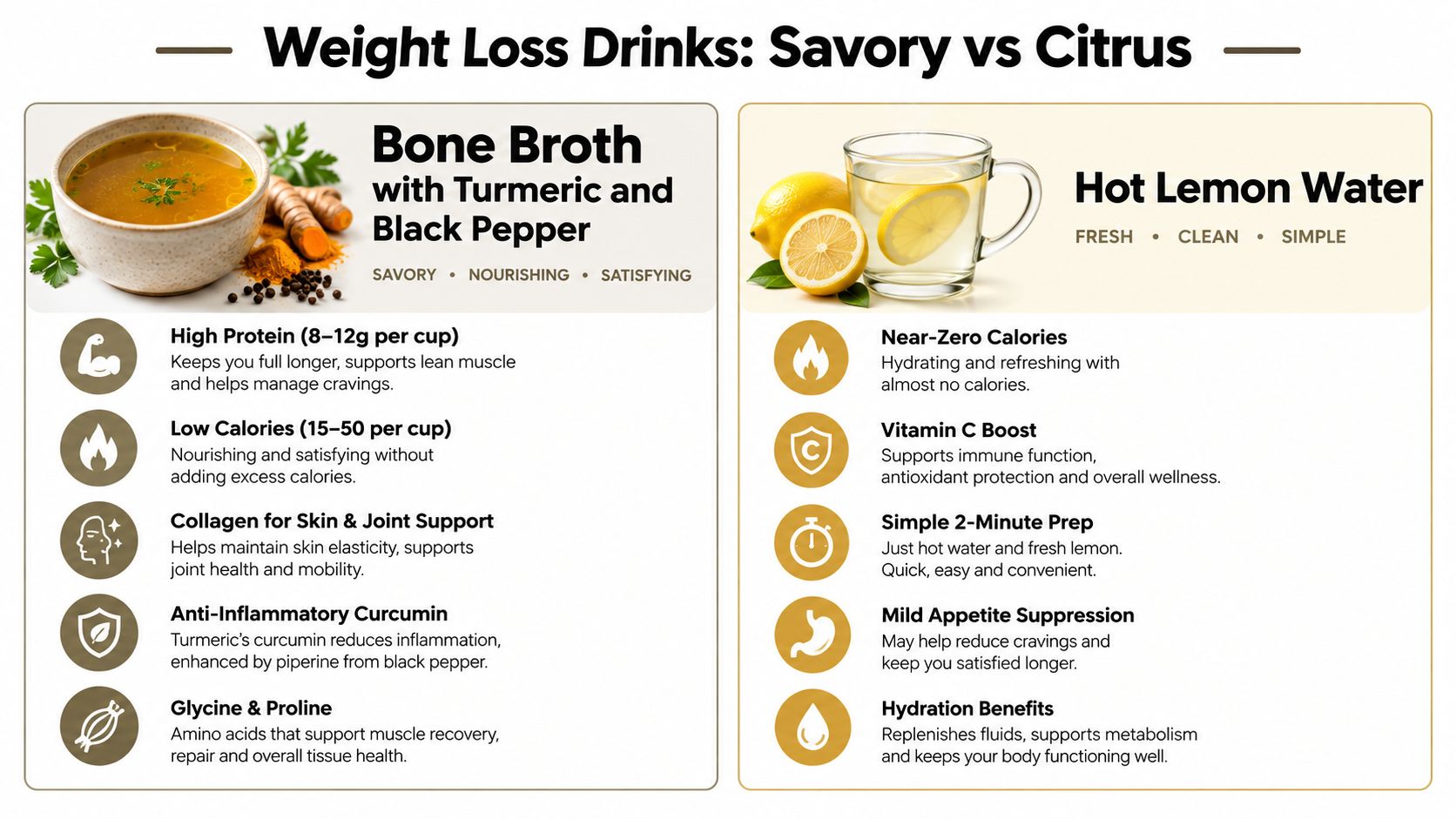 A comparison chart showing benefits of bone broth and hot lemon water as weight loss drinks.