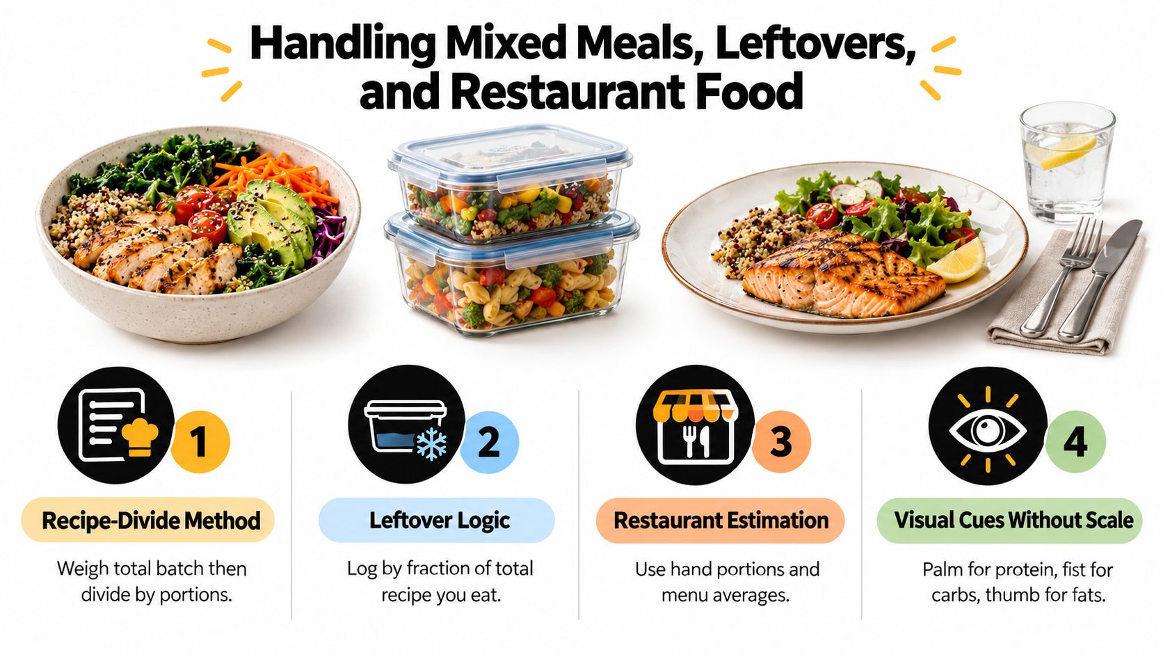 A nutritional guide infographic explaining four methods for tracking macros with mixed meals, leftovers, and restaurant food.