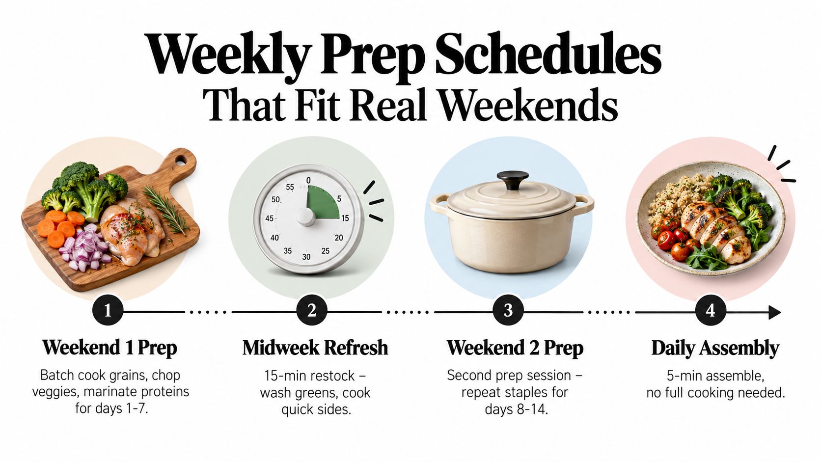 A 4-step infographic showing a weekly meal preparation schedule including batch cooking, restocking, and daily assembly.