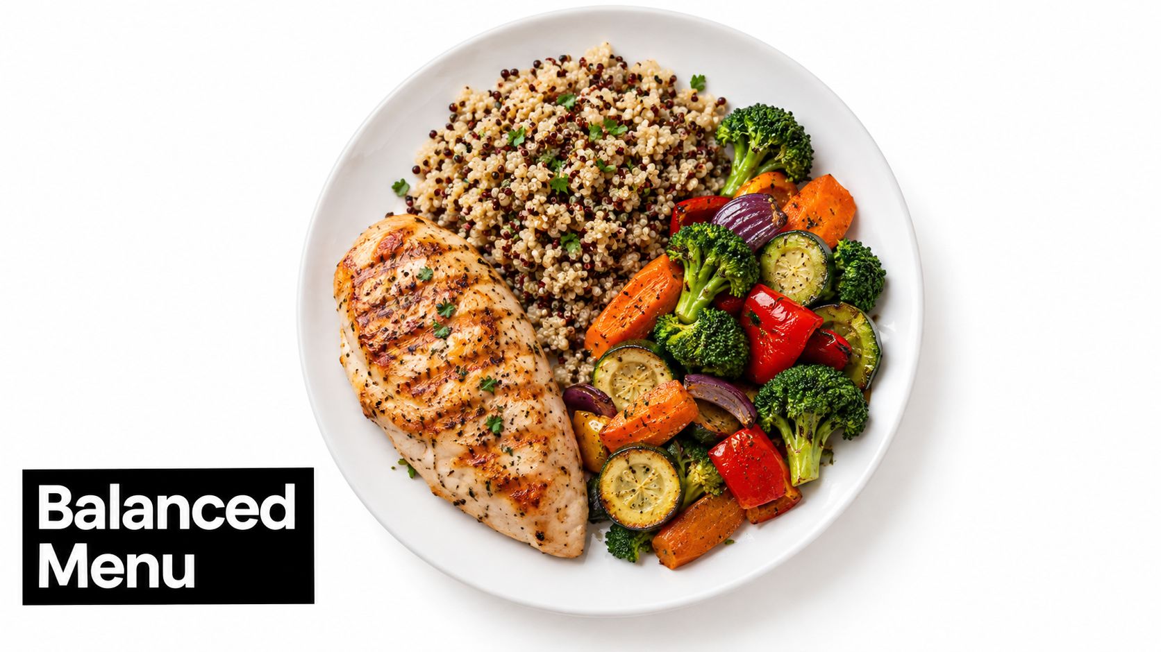 A healthy plate featuring a grilled chicken breast, a side of quinoa, and various roasted vegetables.