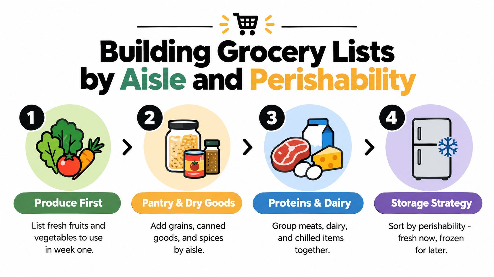 A four-step infographic explaining how to organize a grocery list by aisle and item perishability.