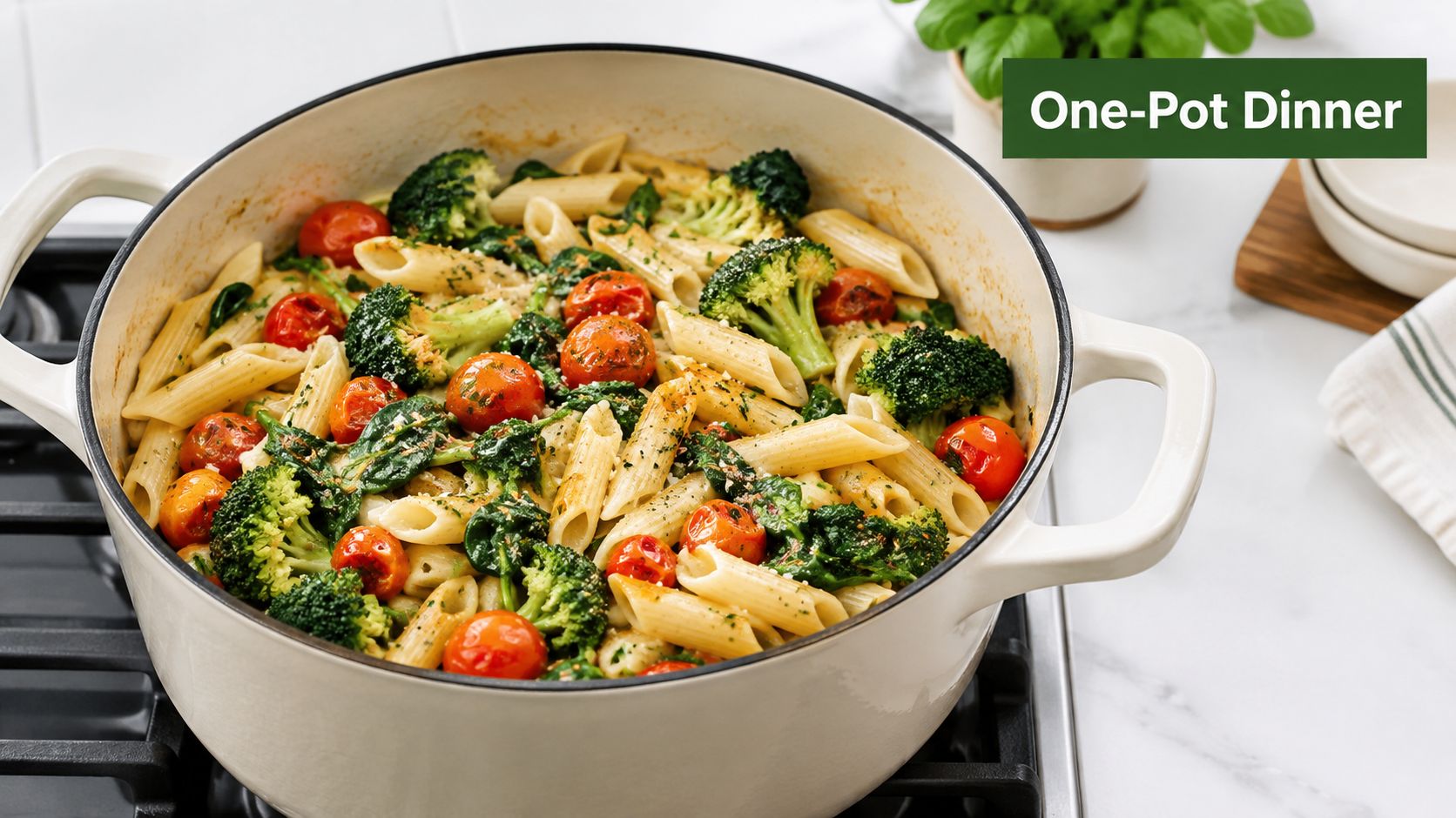 A creamy one-pot pasta dish featuring penne, fresh broccoli florets, and cherry tomatoes in a white pot.