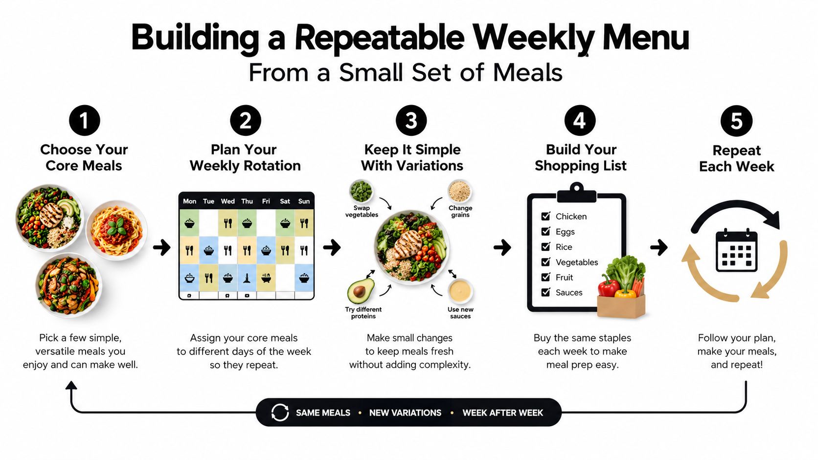 An infographic illustrating a five-step process for building a simple and repeatable weekly meal plan.