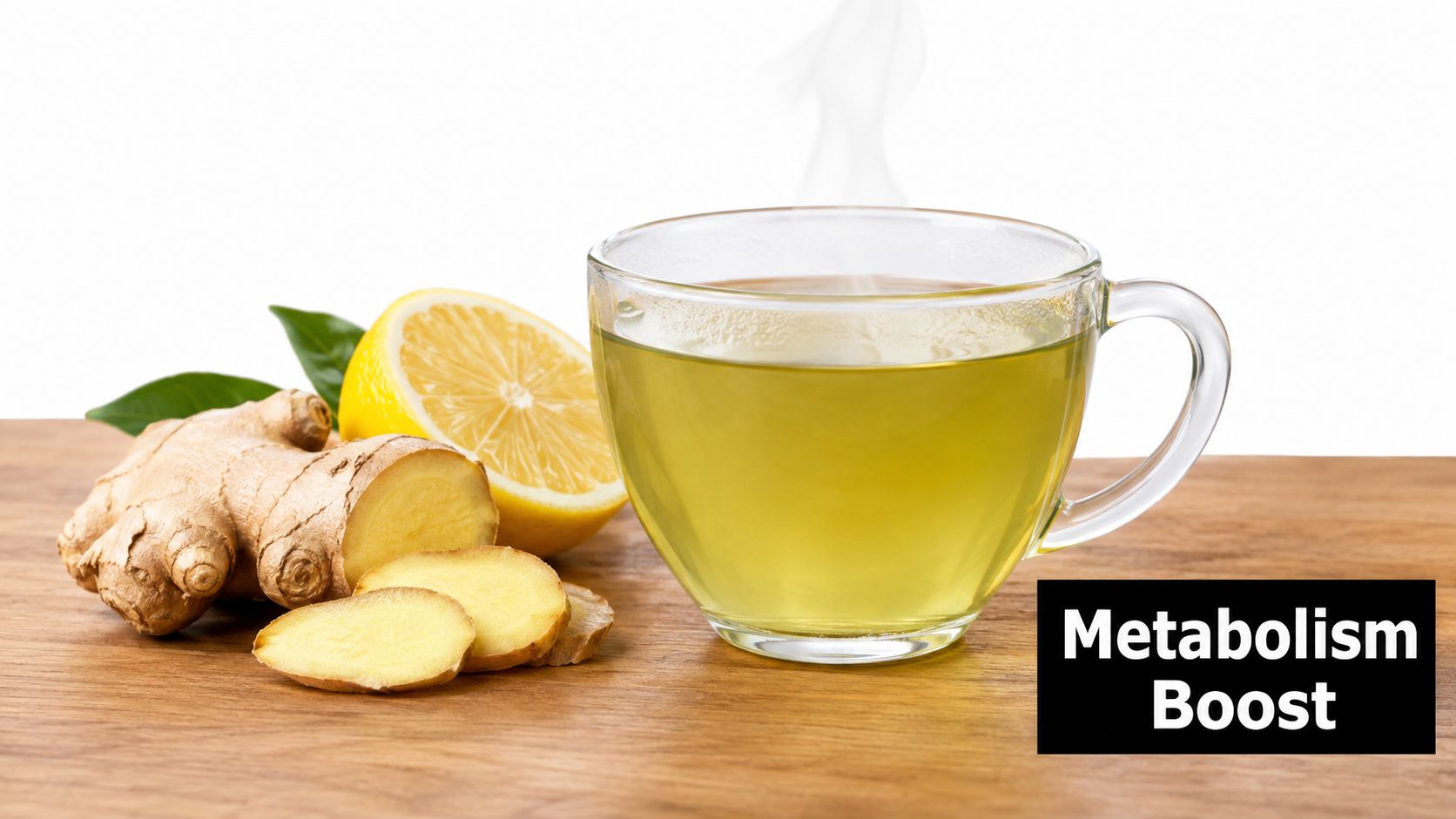 A cup of steaming hot tea with fresh ginger slices and lemon on a wooden table.