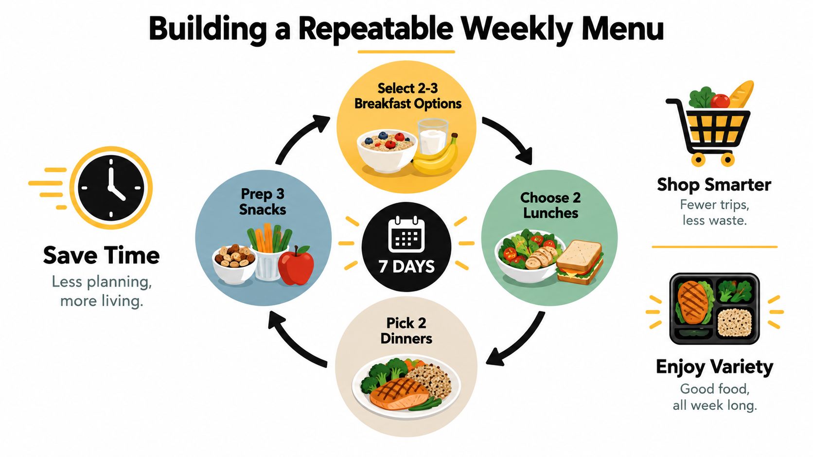 A cyclical infographic illustrating steps for building a repeatable weekly meal plan for seven days.