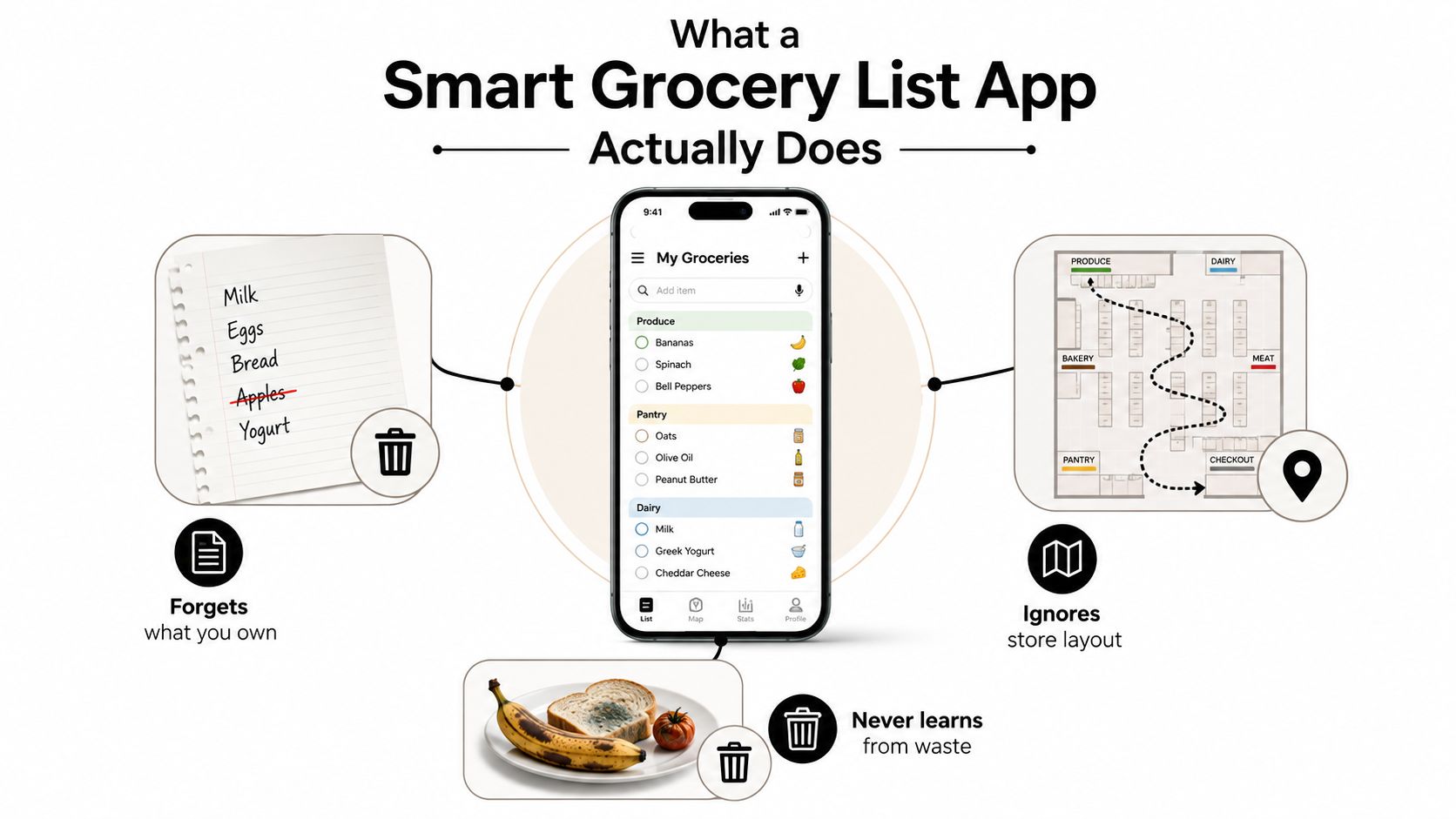 A diagram comparing traditional grocery lists to a smart grocery list app with various shopping features.