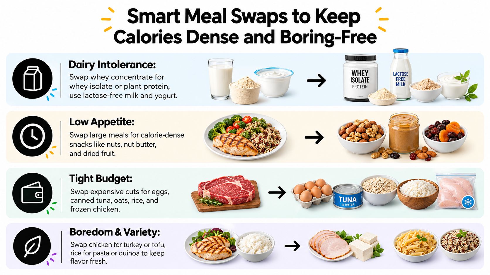 A helpful infographic showing various smart meal swaps for individuals with dietary, appetite, budget, or variety needs.