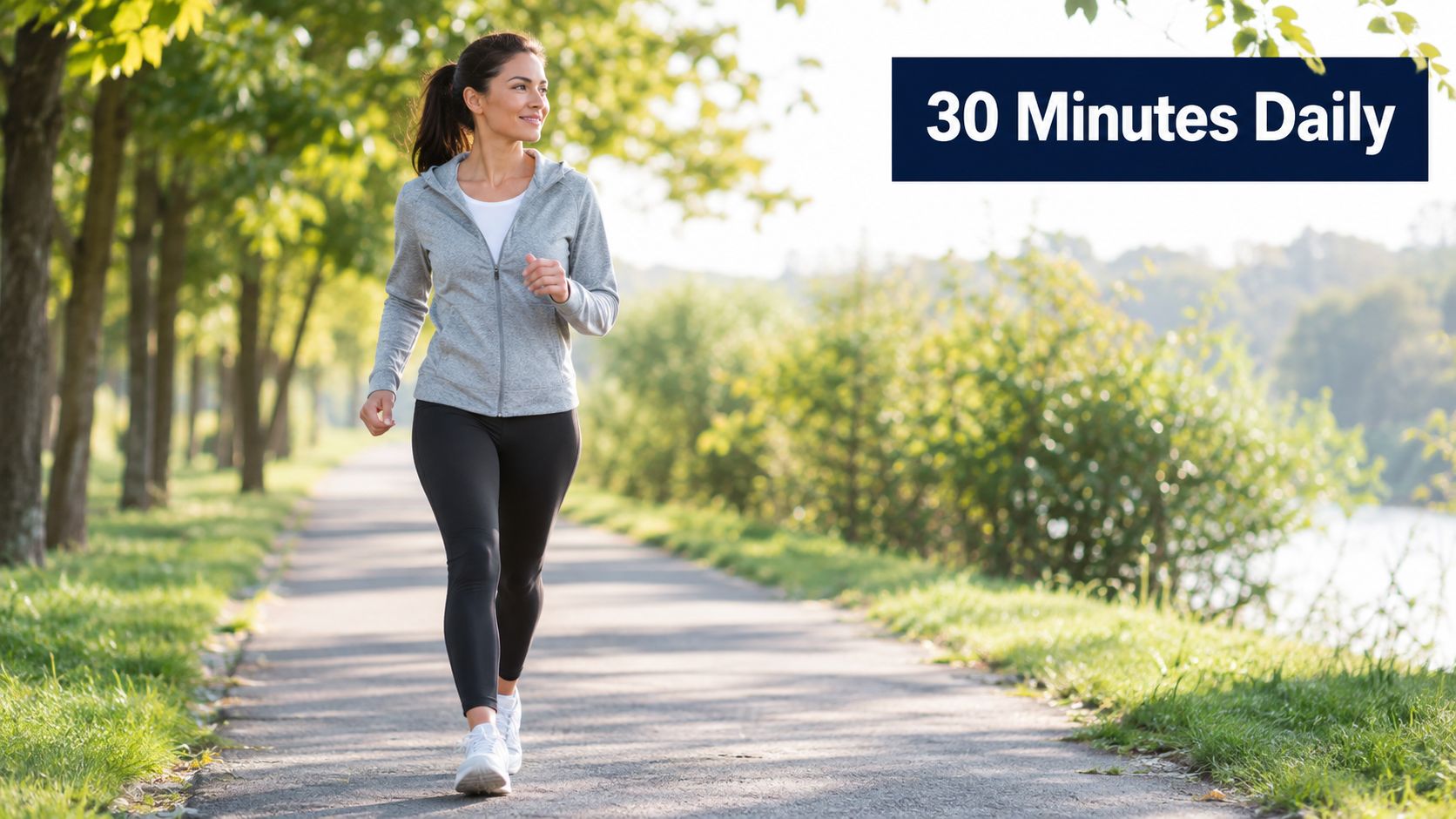 A fit woman walking briskly on a sunlit park path to help maintain a healthy lifestyle.