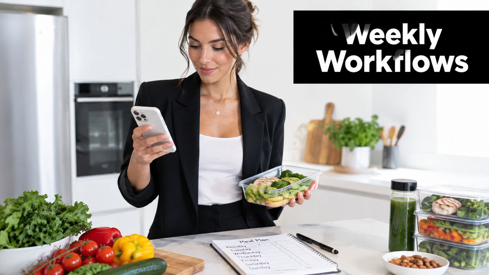 A professional woman holding a phone and a meal prep container next to a handwritten keto meal plan.