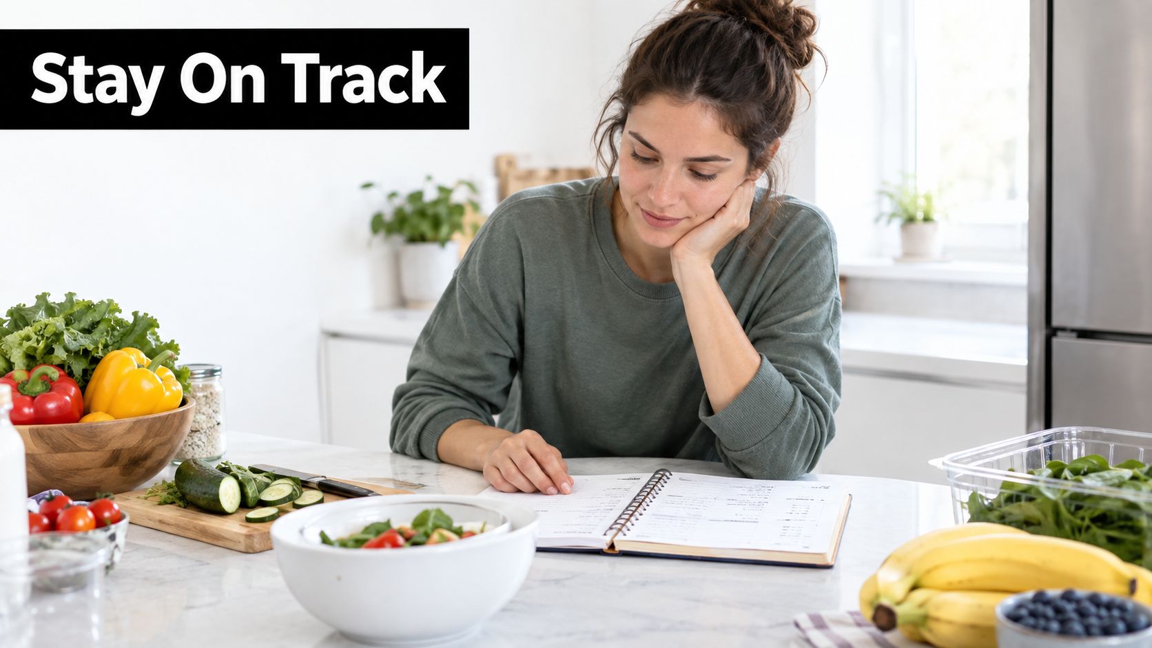 A woman sits at a kitchen counter reviewing a weekly meal planner while preparing fresh vegetables.