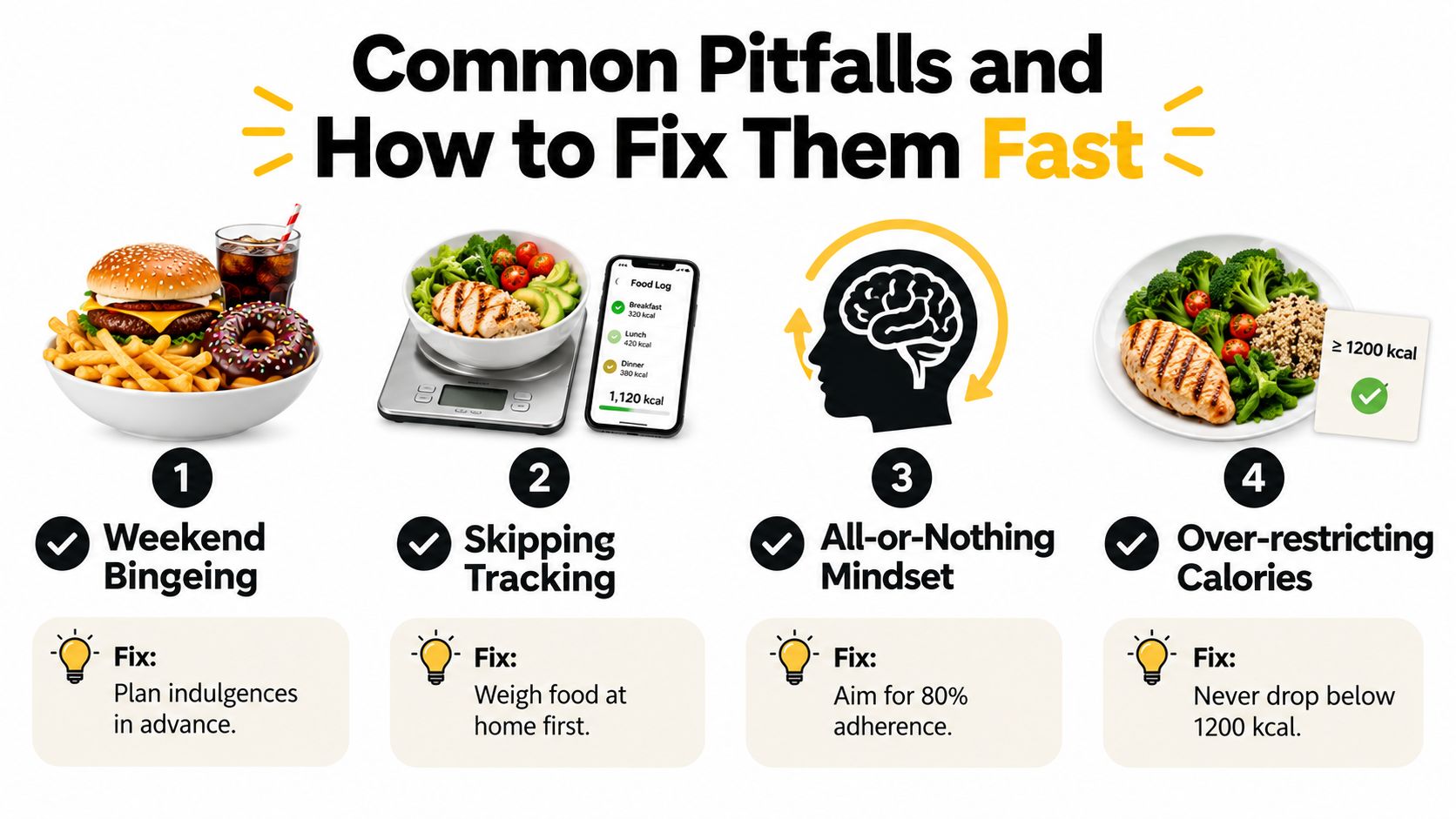 An infographic detailing four common diet pitfalls and actionable tips to overcome them for weight loss success.