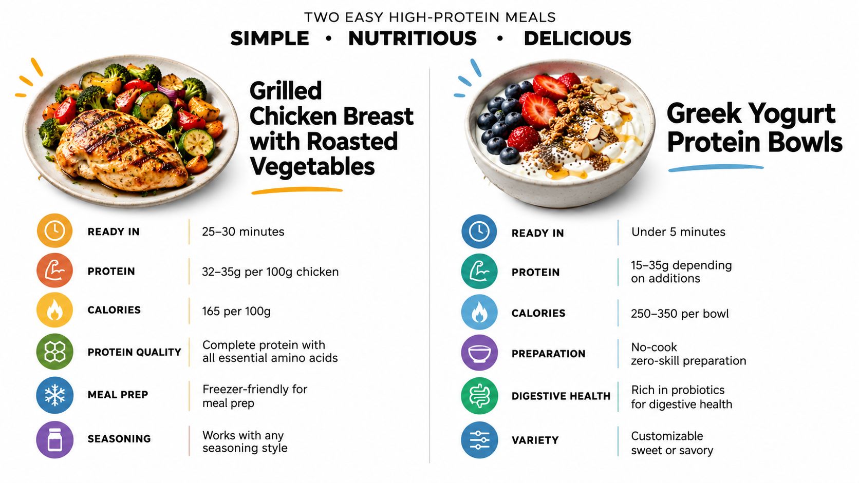 A comparison graphic showing grilled chicken with vegetables and Greek yogurt protein bowls as healthy meal options.