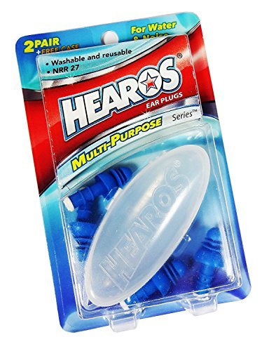 Hearos Multi-Purpose ear plugs package with two blue pairs and a clear carrying case, for water and noise.