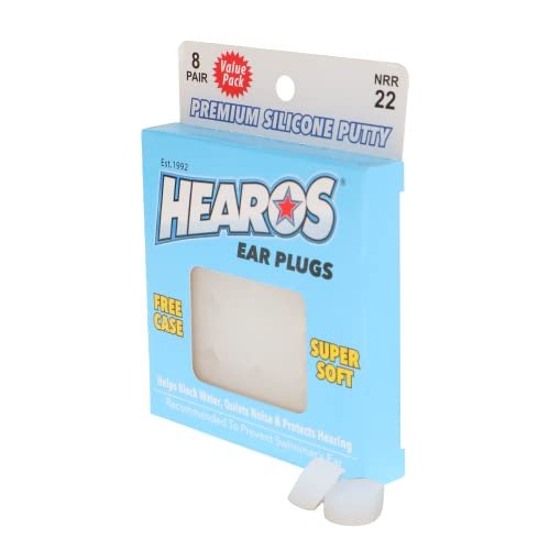 Light blue box of Hearos Premium Silicone Putty ear plugs, 8-pair, NRR 22, with two white earplugs.