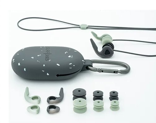 Surf Ears swimming earplugs kit with case, leash, and various replacement parts.