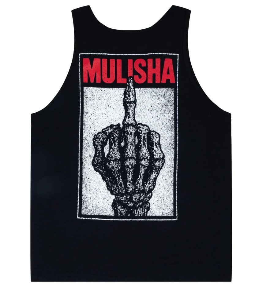 Black tank top with a red 'MULISHA' logo above a white print of a skeleton hand flipping the middle finger.
