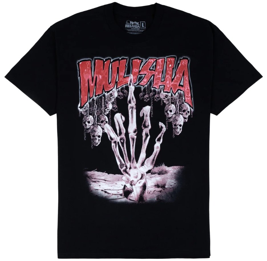 Black t-shirt featuring a skeleton hand making a rock-on gesture, surrounded by hanging skulls and 'MULISHA' text.