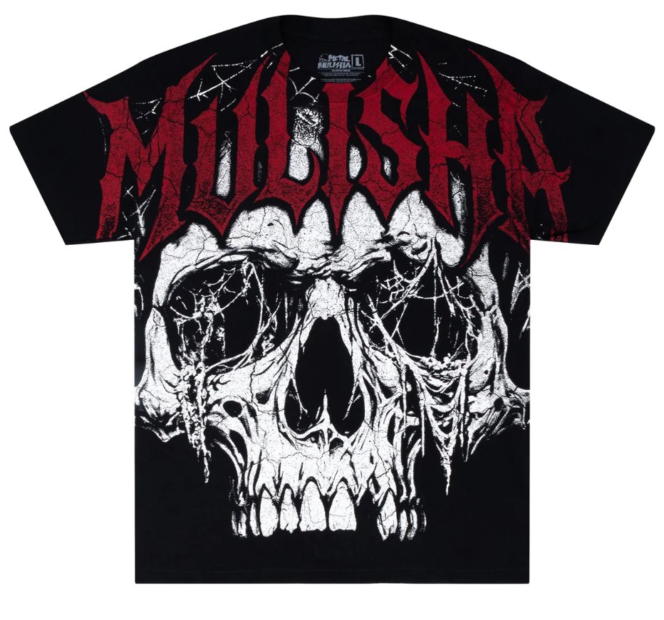 Black t-shirt with a distressed white skull graphic and a bold red 'MULISHA' logo on the front.