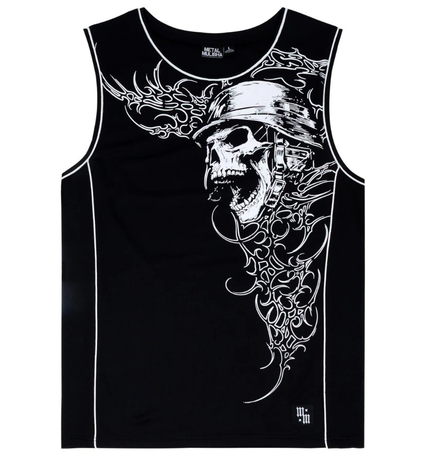Black sleeveless shirt with a white graphic of a skull wearing a helmet and tribal patterns.