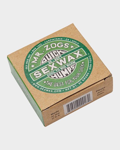 A small, brown cardboard box of Mr. Zog's Sex Wax, a surf wax product.