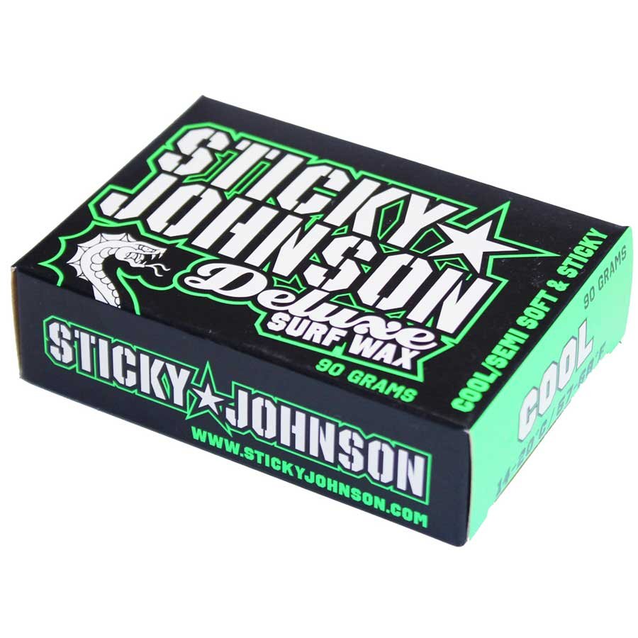 A black and green box of Sticky Johnson Deluxe Surf Wax, 90 grams, for cool water.