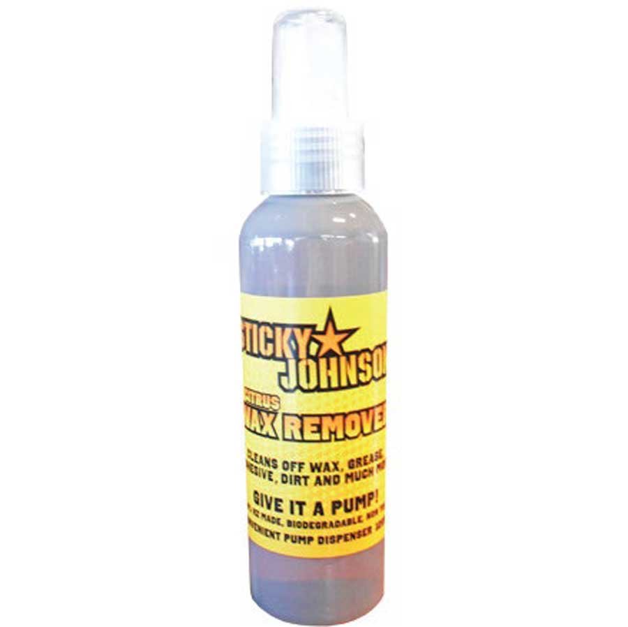 A clear bottle of Sticky Johnson Citrus Wax Remover spray with a yellow label and clear cap.
