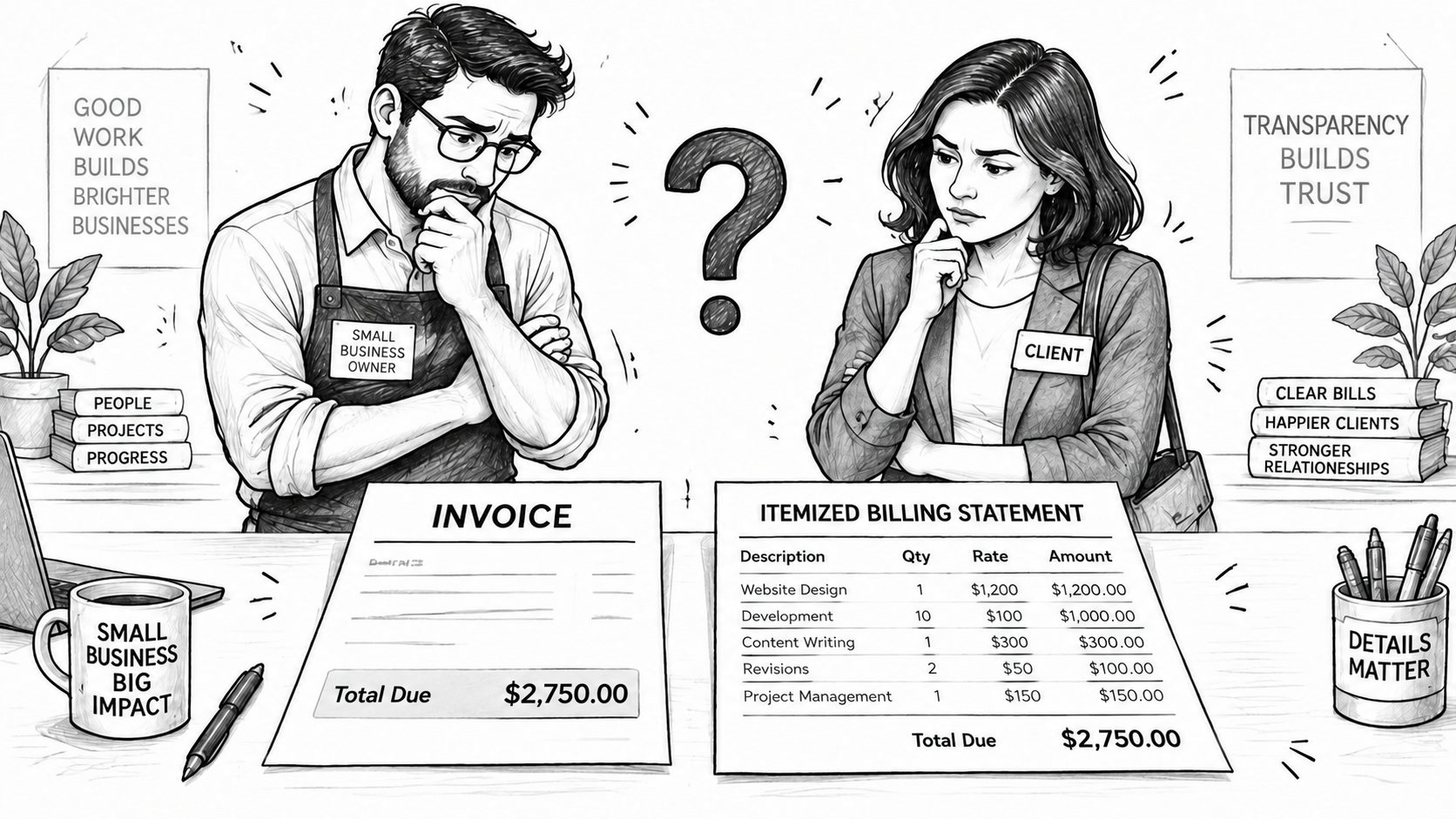 A small business owner and a client comparing a vague invoice with a transparent itemized billing statement.
