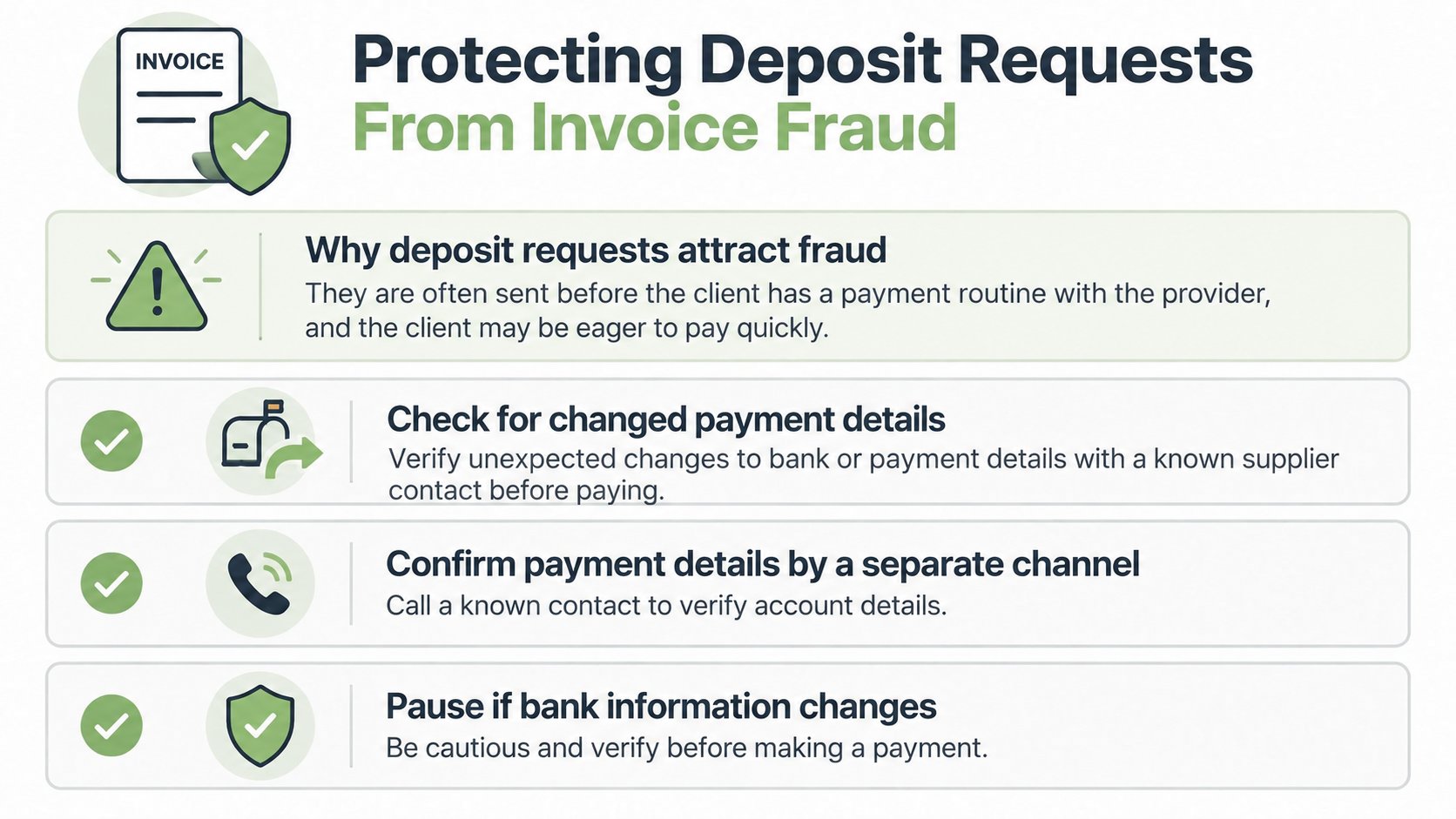 An infographic titled Protecting Deposit Requests From Invoice Fraud, outlining tips for identifying and preventing fraudulent payment activity.