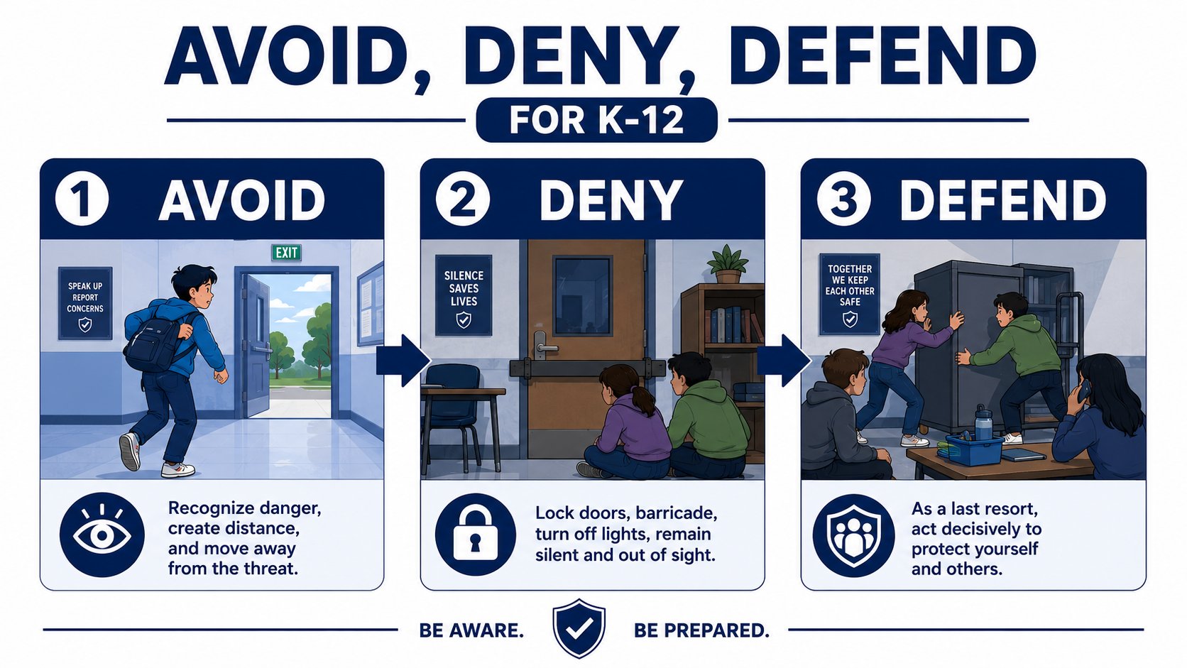 An infographic illustrating the 'Run, Hide, Fight' safety protocol for students during an active shooter emergency.