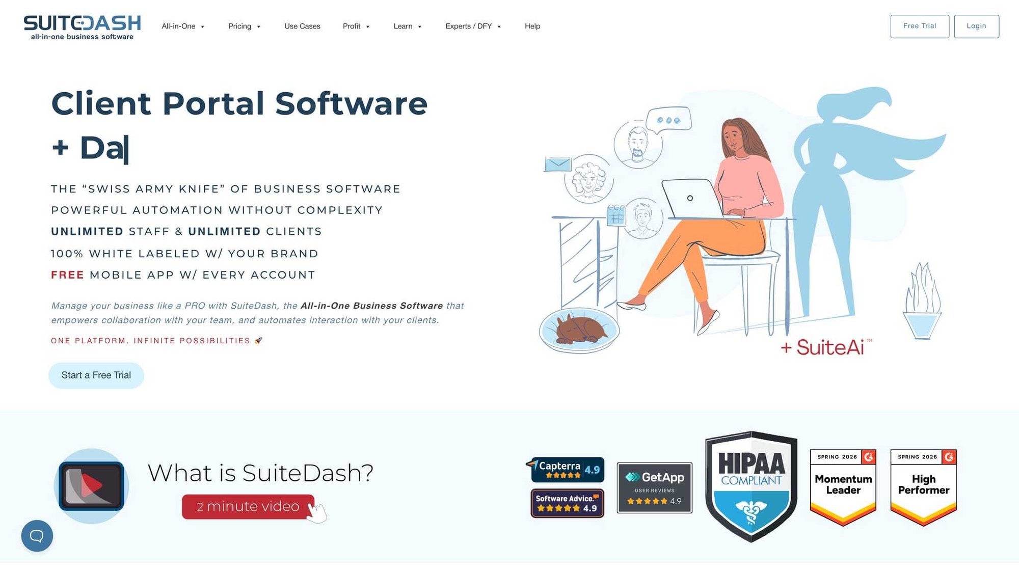 SuiteDash website promoting all-in-one client portal software with a woman using a laptop and various review badges.
