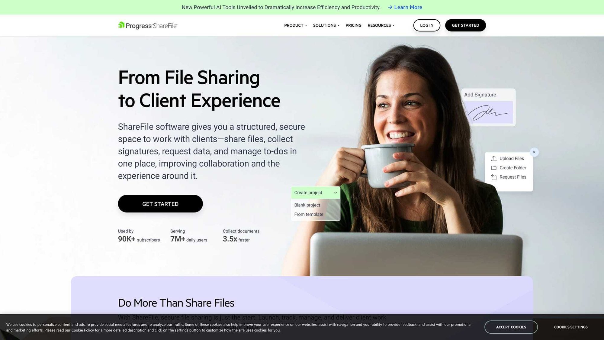 A smiling woman uses ShareFile client portal software, showing features like "Add Signature" and "Create project".