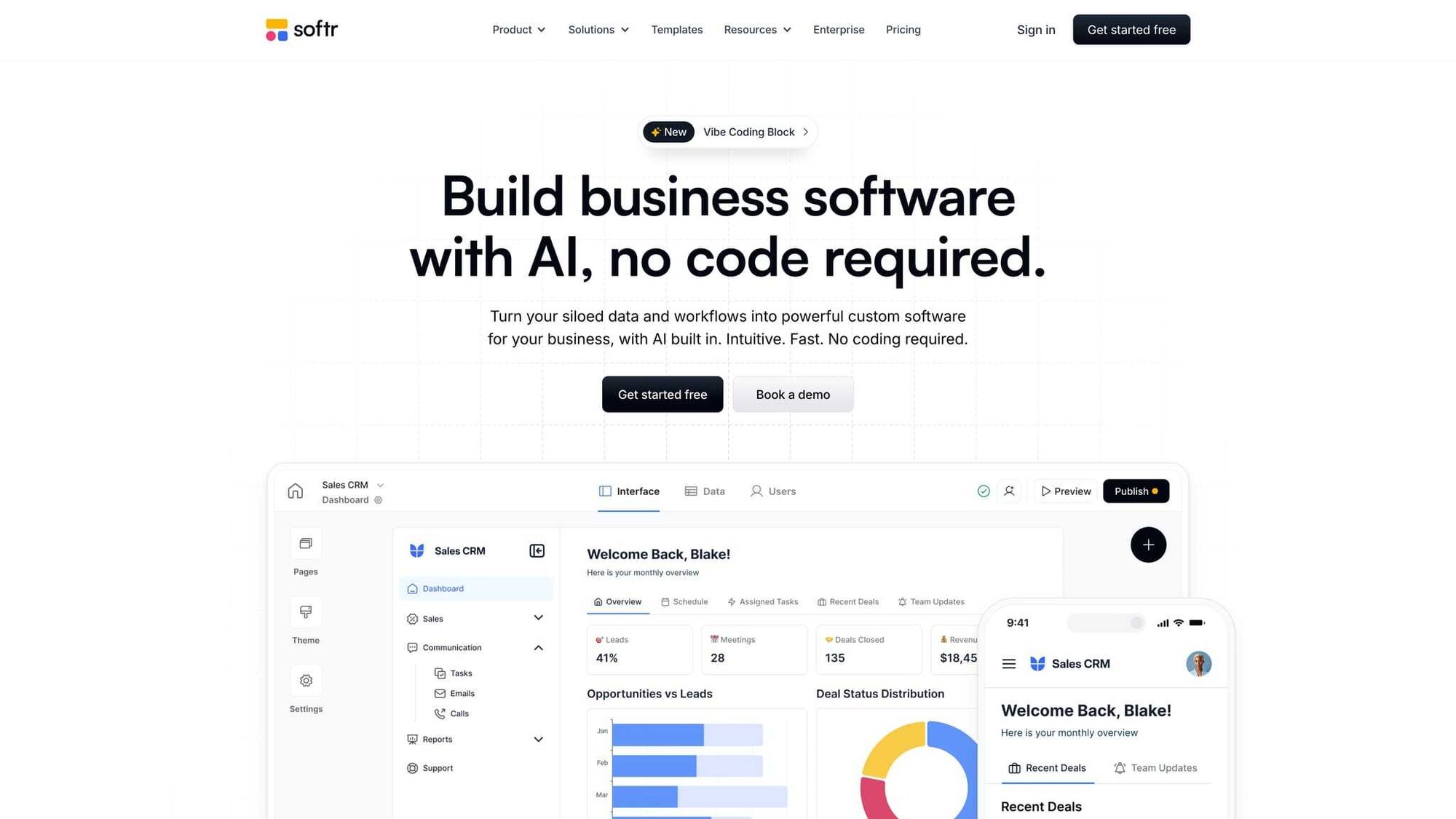 Softr's homepage displaying a 'no-code AI business software' headline and a sales CRM dashboard.