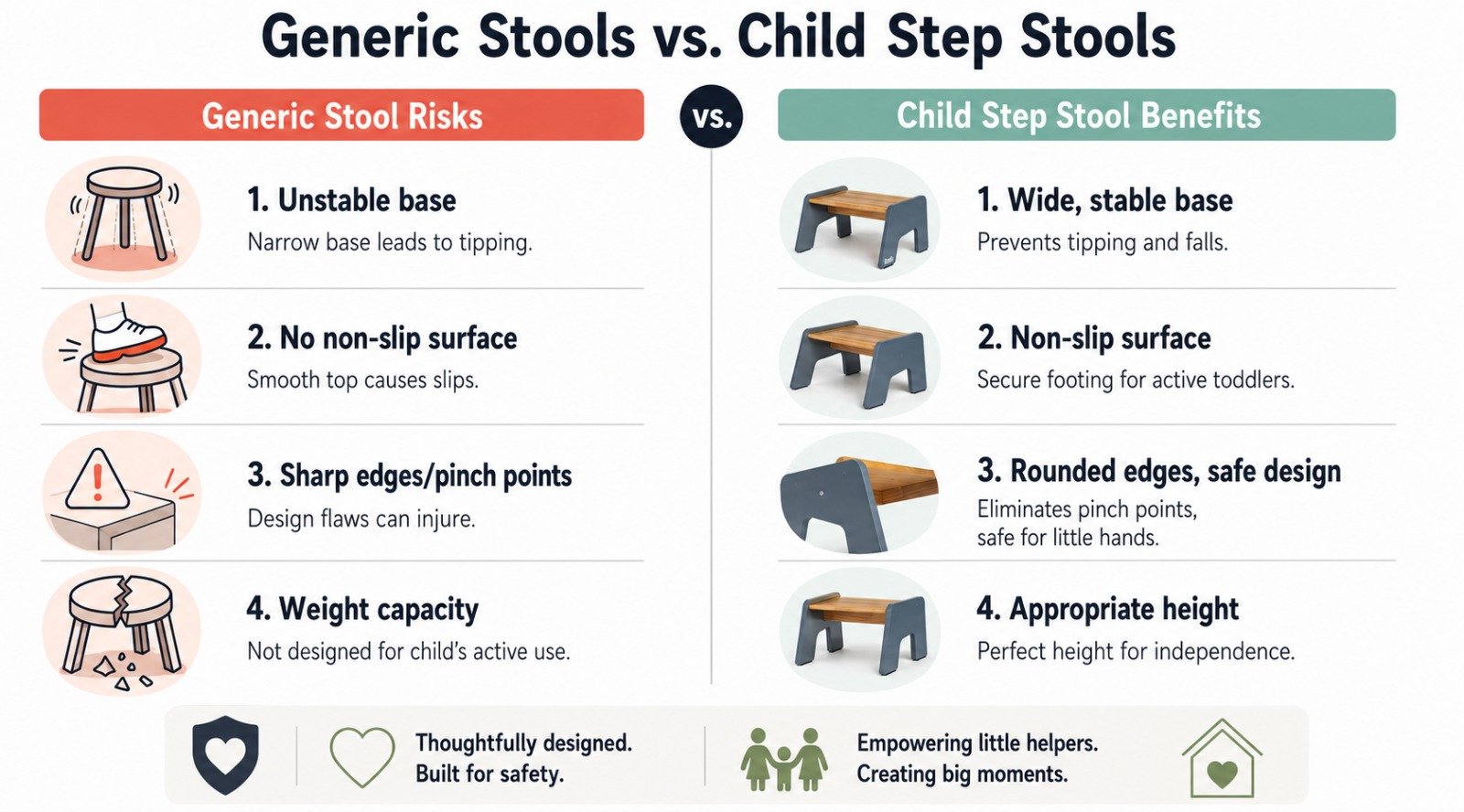Comparison chart detailing the risks of generic stools versus the benefits of child step stools.