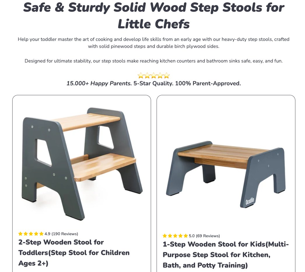 A product page displaying two different wooden step stools for children, with ratings and descriptions.
