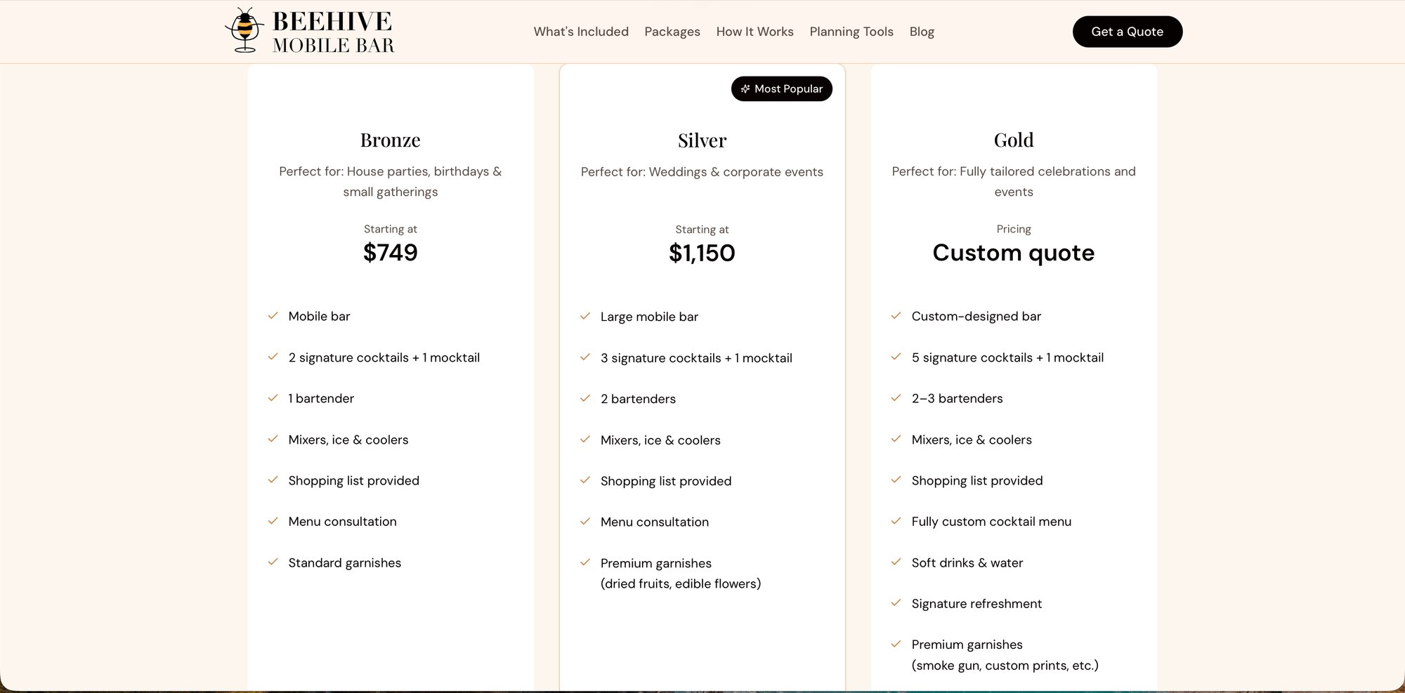 BeeHive Mobile Bar packages section