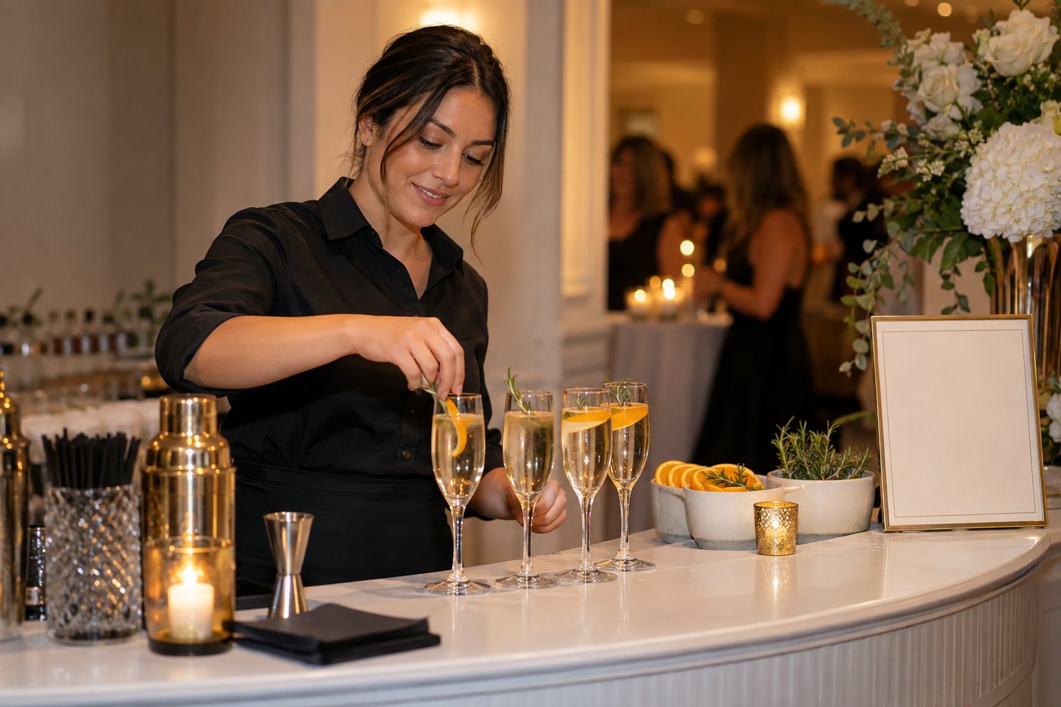 BeeHive Mobile Bar cocktail menu, sparkling drinks, and styled bar setup at an event