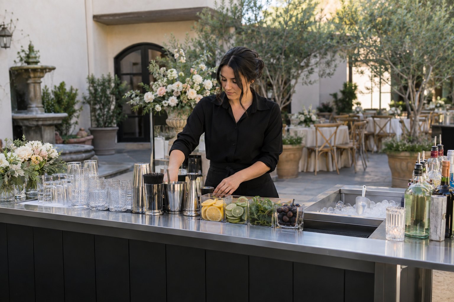 A professional woman bartender organizing tools and garnishes behind a portable mobile bar at an Orange County event.
